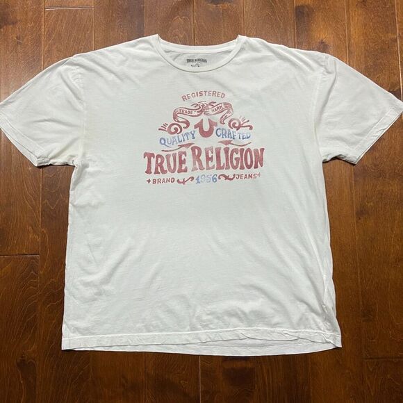 True Religion Basic Fit Vintage Print Logo White Red Cotton T-Shirt Men's XXL - Picture 3 of 8
